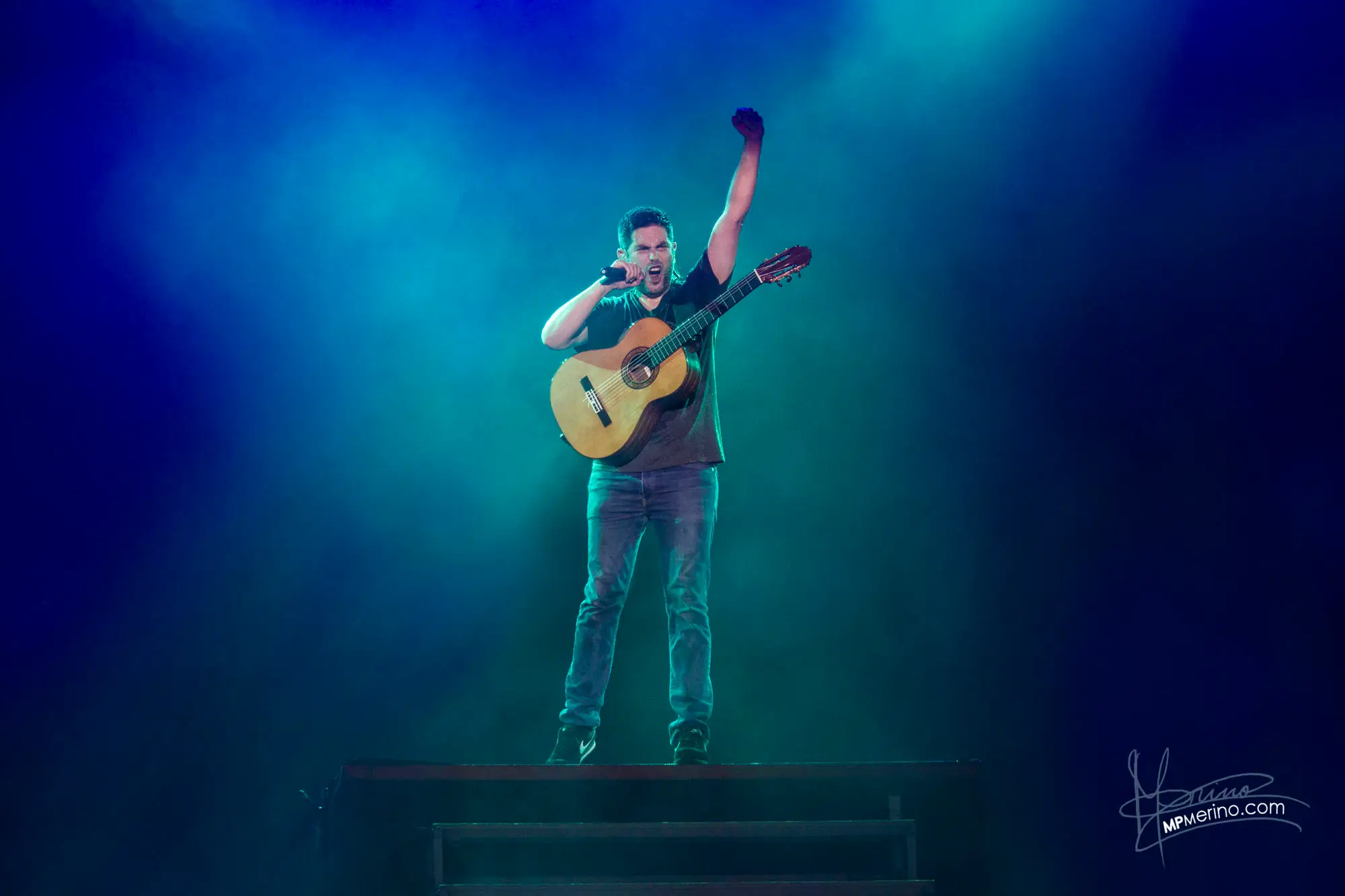 Concert photo, Estopa's guitarist sings with a fist in the air