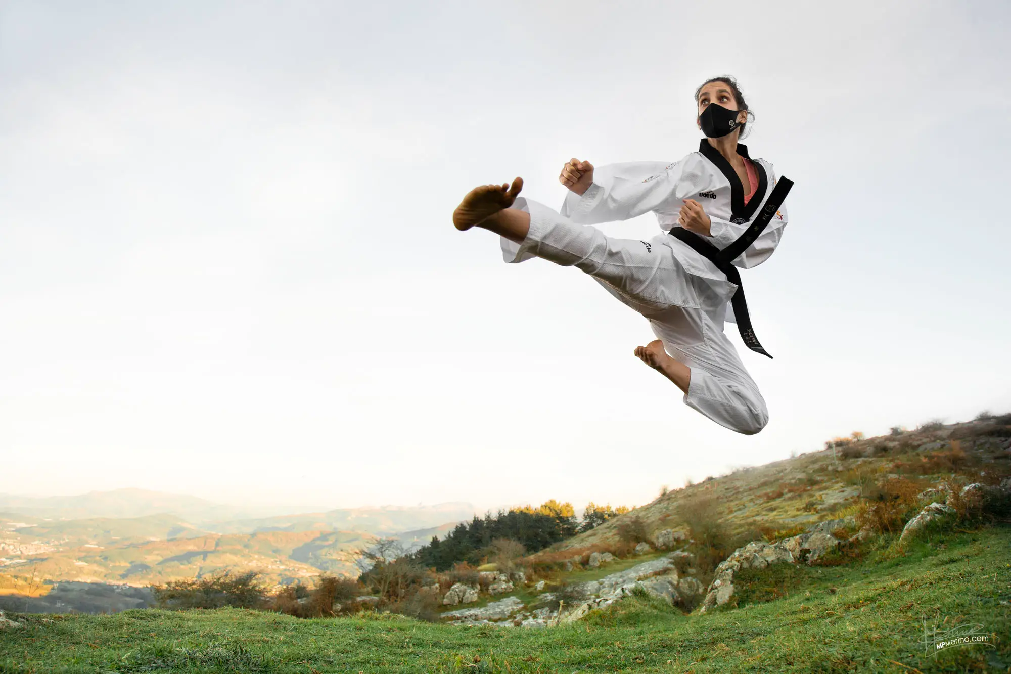 Photograph of a Taekwondo trainer performing a jump kick